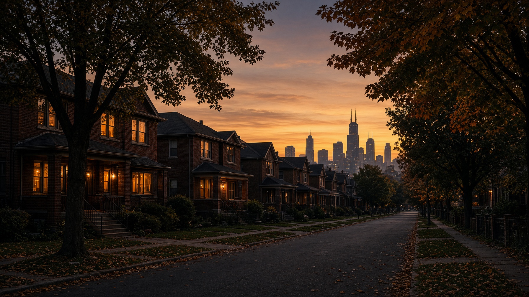 Chicago northwest-side street at dusk with the skyline beyond